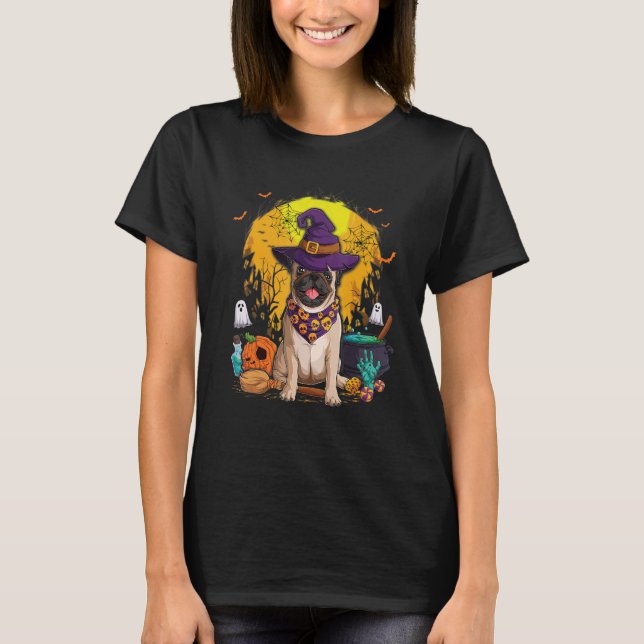 Pug Dog Witch Hat Costume Halloween Women Pug T-Shirt (Front)