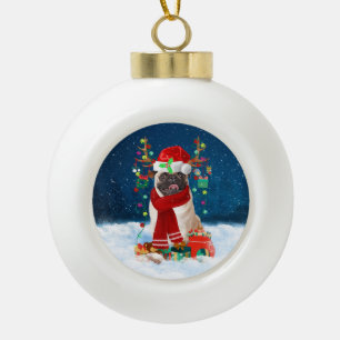 Pug dog with Christmas gifts Ceramic Ball Christmas Ornament