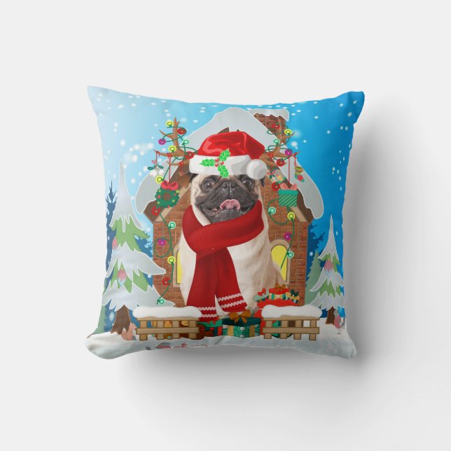 Pug dog with Christmas gifts Cushion (Front)