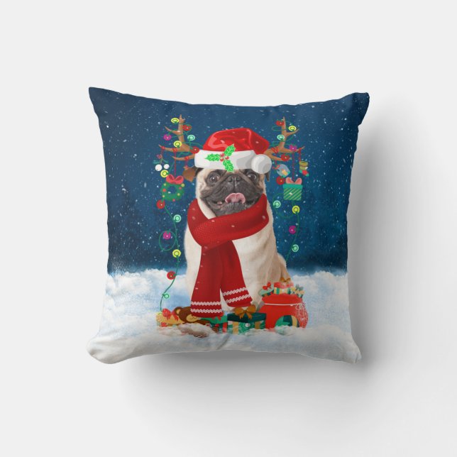 Pug dog with Christmas gifts Cushion (Front)