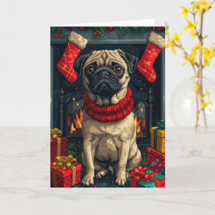 Pug Dog With Christmas Gifts Fireplace Card