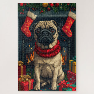 Pug Dog With Christmas Gifts Fireplace Jigsaw Puzzle