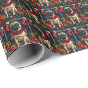 Pug Dog With Christmas Gifts Fireplace Wrapping Paper