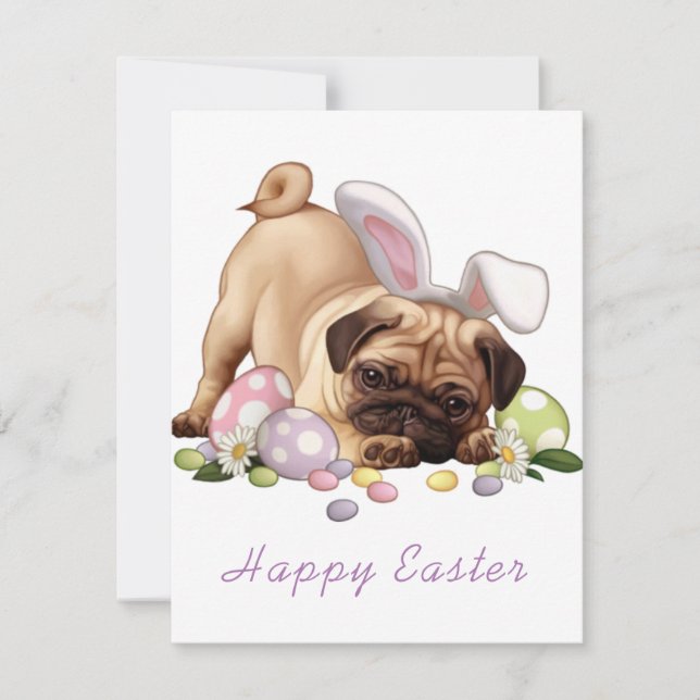 Pug Dog With Easter Bunny Ears Holiday Card (Front)
