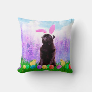 Pug Dog with Easter Eggs Bunny Chicks Cushion