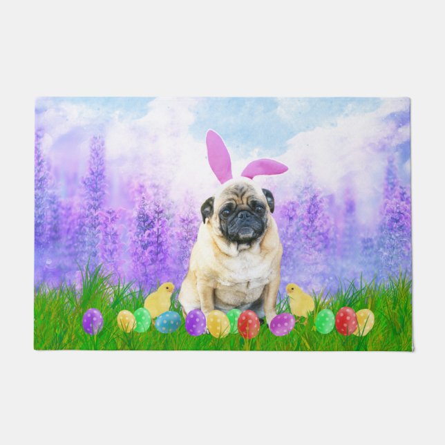 Pug Dog with Easter Eggs Bunny Chicks Doormat (Front)