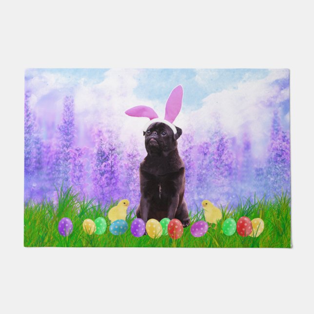 Pug Dog with Easter Eggs Bunny Chicks Doormat (Front)
