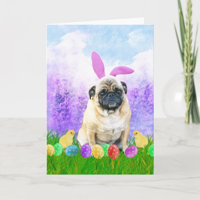 Pug Dog with Easter Eggs Bunny Chicks Holiday Card (Front)