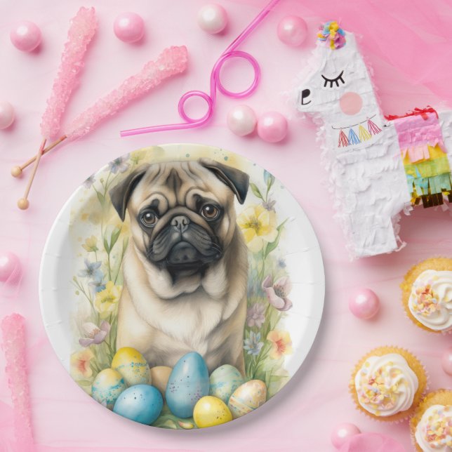 Pug Dog with Easter Eggs Holiday  Paper Plate (Party)