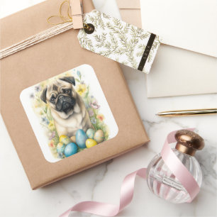 Pug Dog with Easter Eggs Holiday  Square Sticker