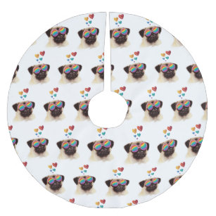 Pug Dog with Hearts Valentine's Day  Brushed Polyester Tree Skirt