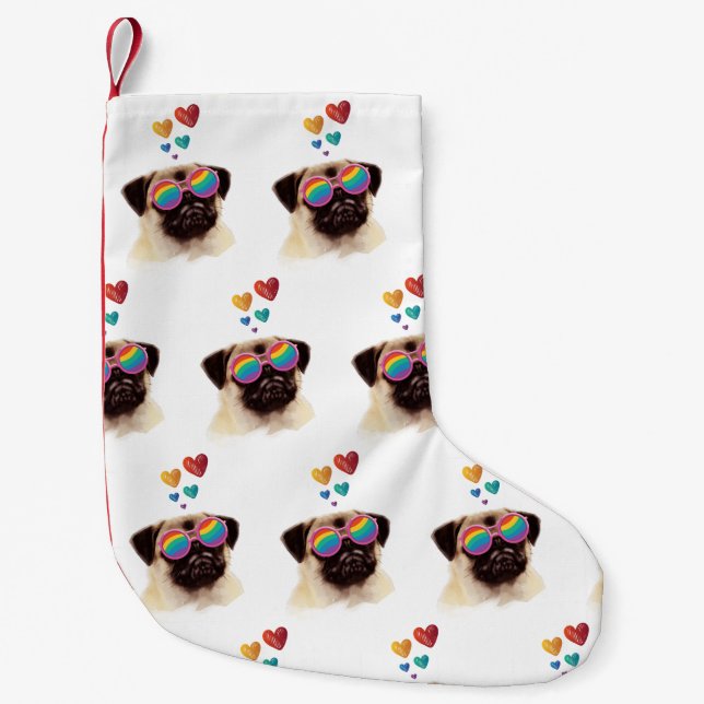 Pug Dog with Hearts Valentine's Day Small Christmas Stocking (Front)