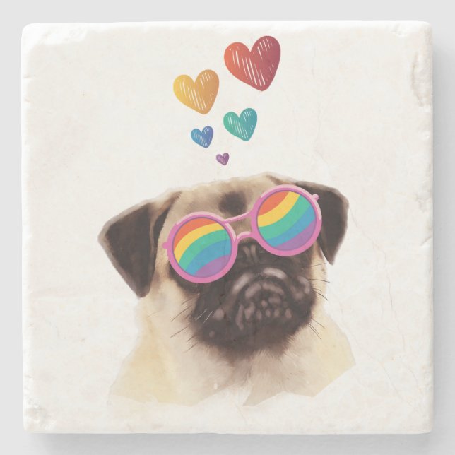 Pug Dog with Hearts Valentine's Day  Stone Coaster (Front)