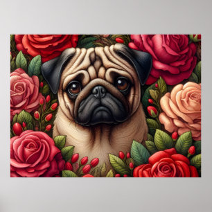 Pug Dog with Red Roses Poster
