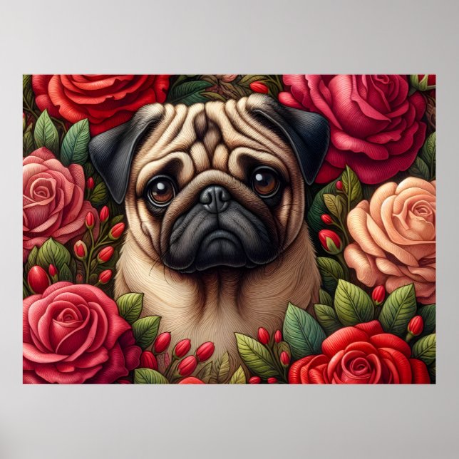 Pug Dog with Red Roses Poster (Front)