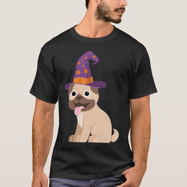 Pug Dog With Witch's Hat Halloween T-Shirt (Front)