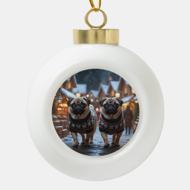 Pug Dogs Christmas Snow Holiday Ceramic Ball Christmas Ornament (Front)