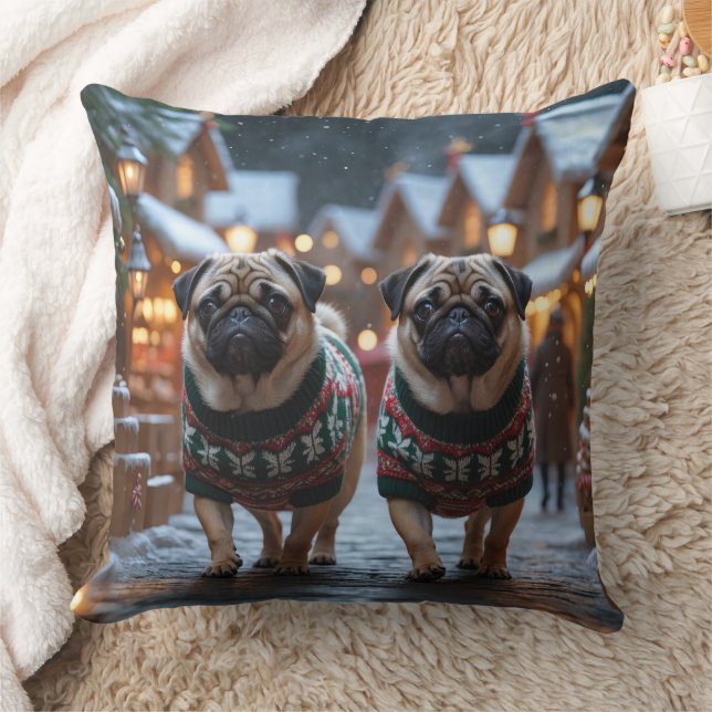 Pug Dogs Christmas Snow Holiday Cushion (Blanket)