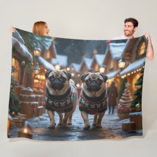 Pug Dogs Christmas Snow Holiday Fleece Blanket