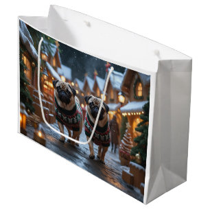 Pug Dogs Christmas Snow Holiday Large Gift Bag