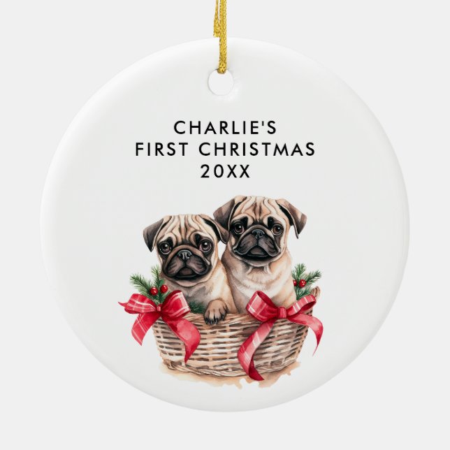 PUG Dog's First Christmas CUTE PHOTO Ceramic Tree Decoration (Back)