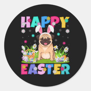 Pug Dogs Happy Easter Egg Hunt Bunny Ear Pug Easte Classic Round Sticker