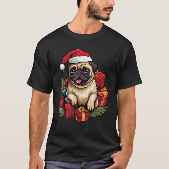 Pug Dogs Santa Hat Xmas Holiday Pug Dogs Lover Chr T-Shirt (Front)
