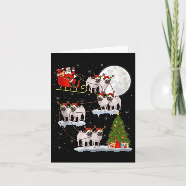Pug Dogs Santa Sleigh Flying Funny Magical Christm Card (Front)