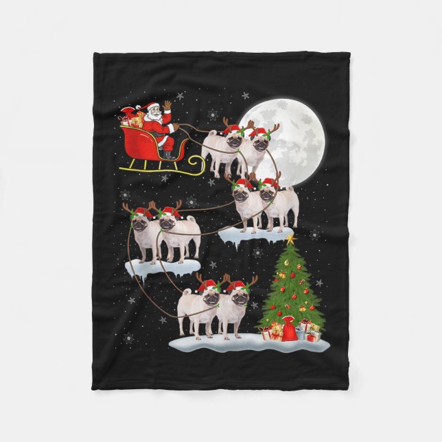 Pug Dogs Santa Sleigh Flying Funny Magical Christm Fleece Blanket (Front)