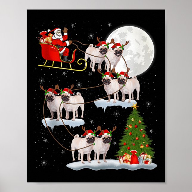 Pug Dogs Santa Sleigh Flying Funny Magical Christm Poster (Front)