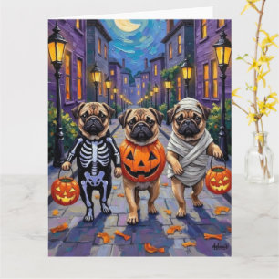 Pug Dogs Trick-or-Treating in Halloween Costumes Card