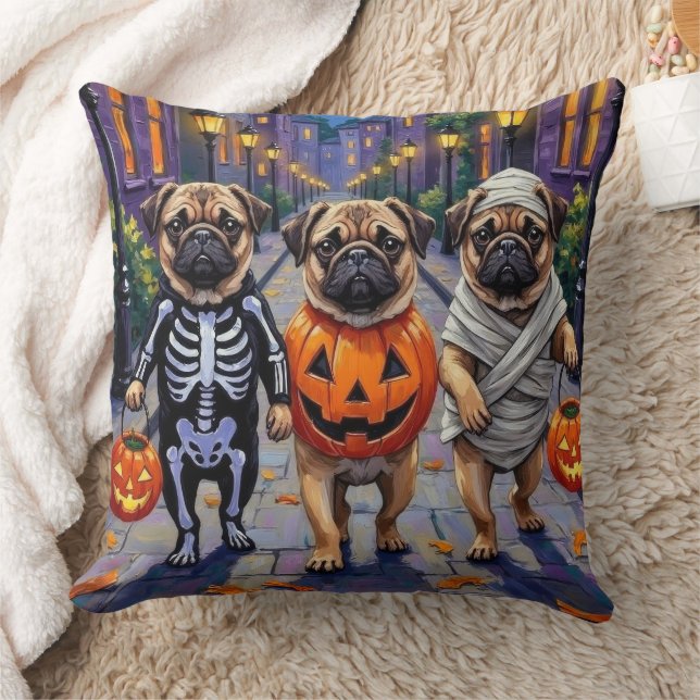 Pug Dogs Trick-or-Treating in Halloween Costumes Cushion (Blanket)