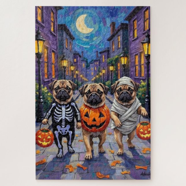 Pug Dogs Trick-or-Treating in Halloween Costumes Jigsaw Puzzle (Vertical)