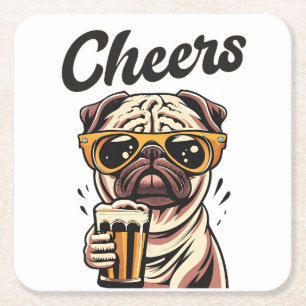 Pug Drinking Beer Meme Square Paper Coaster