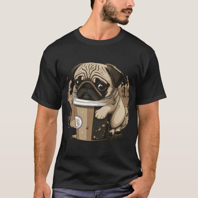 Pug Drinking Coffee T-Shirt (Front)