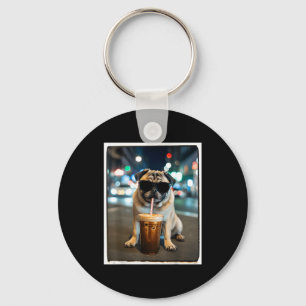 Pug drinking iced coffee animal dog meme key ring