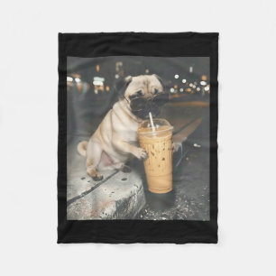 Pug drinking iced coffee funny animal meme dog pug fleece blanket