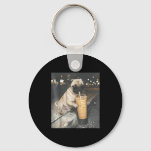 Pug drinking iced coffee funny animal meme dog pug key ring