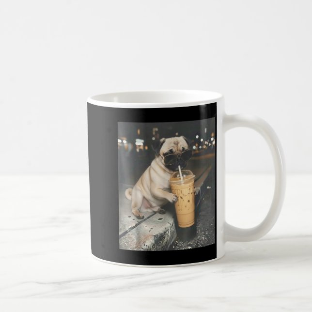 Pug drinking iced coffee funny animal meme dog pug mug (Right)