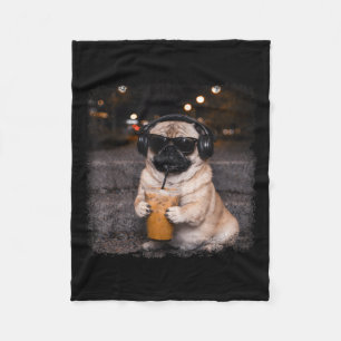 Pug drinking iced coffee lover humor funny dog mem fleece blanket