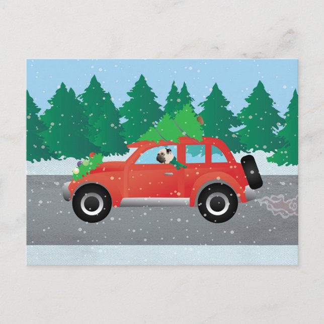 Pug Driving Car with Christmas Tree on Top Holiday Postcard (Front)