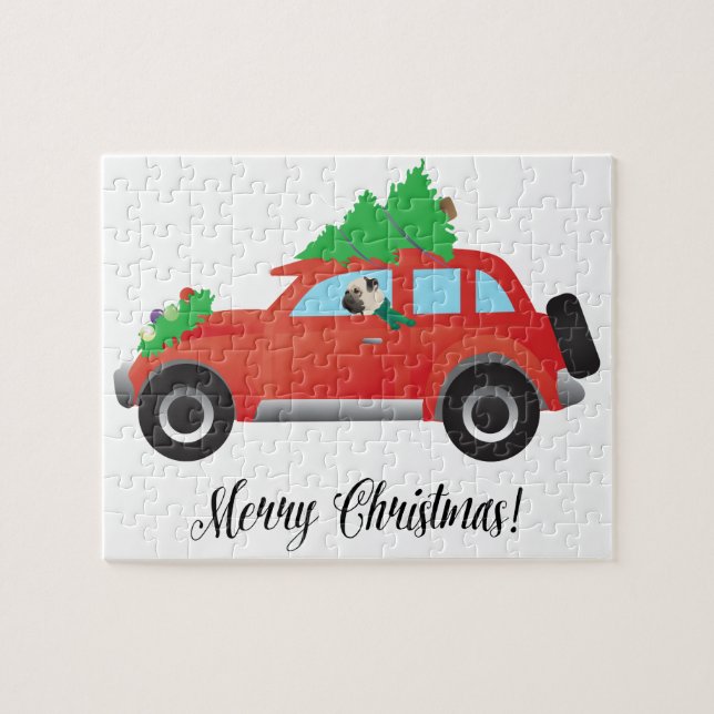 Pug Driving Car with Christmas Tree on Top Jigsaw Puzzle (Horizontal)