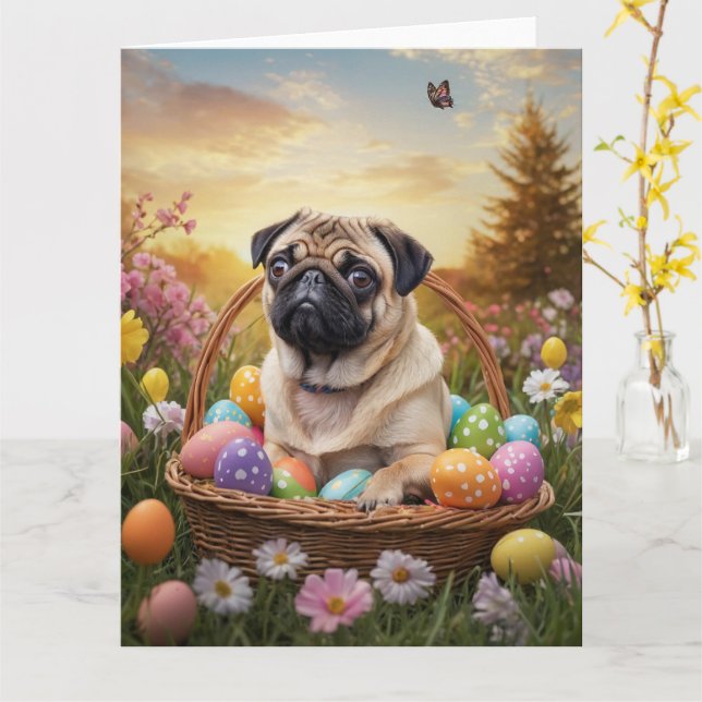 Pug Easter Eggs Card (Yellow Flower)
