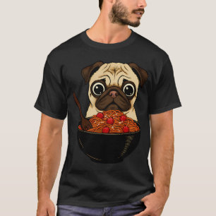 Pug Eating Ramen Cute Dog Noodle Bowl Illustration T-Shirt