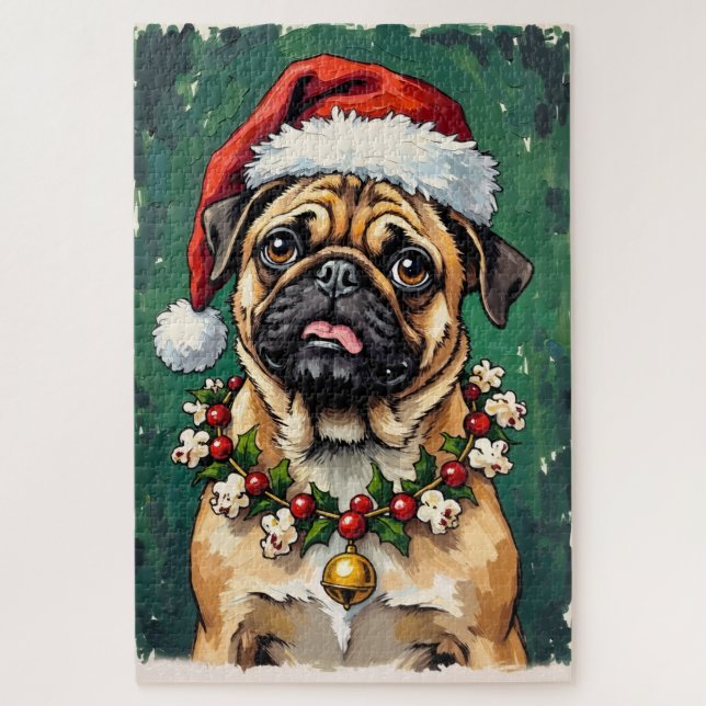 Pug Eating the Christmas Garland Hat Jigsaw Puzzle (Vertical)