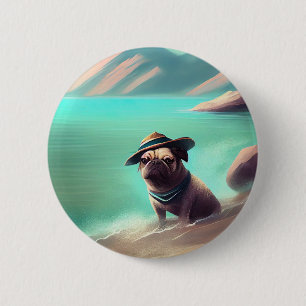 Pug enjoying on beach painting art 6 cm round badge