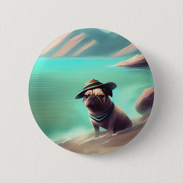 Pug enjoying on beach painting art 6 cm round badge (Front)