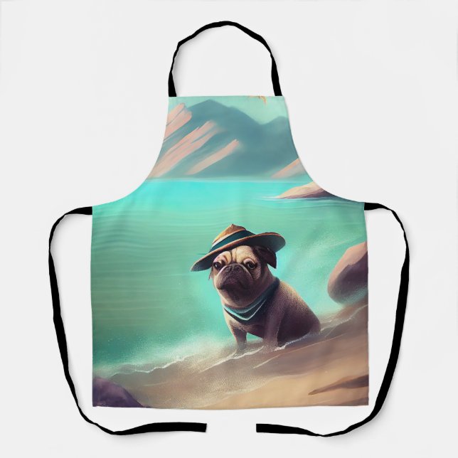 Pug enjoying on beach painting art apron (Front)