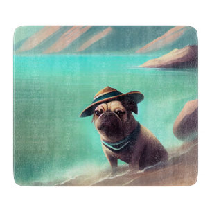 Pug enjoying on beach painting art cutting board