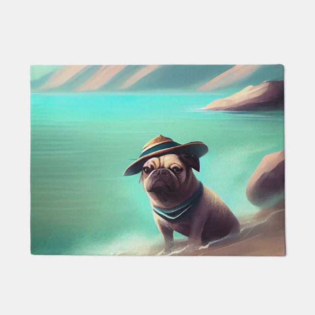 Pug enjoying on beach painting art doormat (Front)